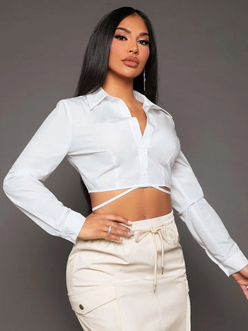 Solid Button Front Tie Back Crop Shirt