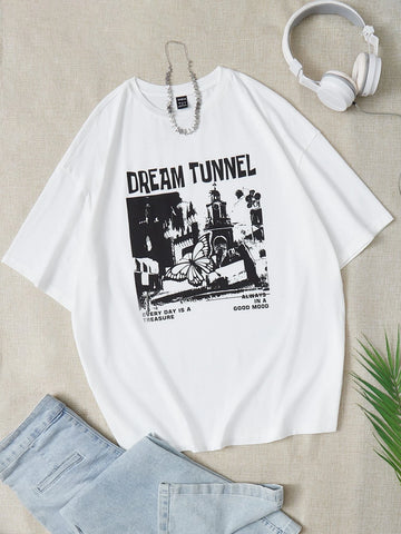 EZwear Butterfly & Slogan Graphic Drop Shoulder Tee