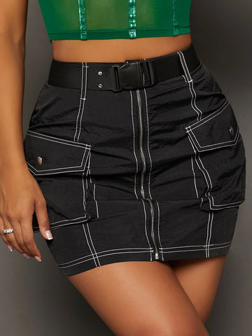 SXY Contrast Top-stitching Flap Pocket Belted Cargo Skirt