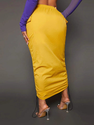 SXY Drawstring Waist Flap Pocket Ruched Pencil Skirt