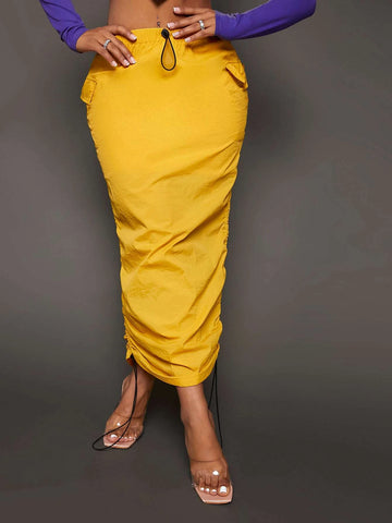 SXY Drawstring Waist Flap Pocket Ruched Pencil Skirt