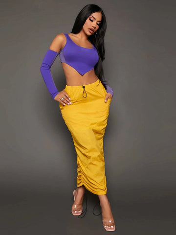 SXY Drawstring Waist Flap Pocket Ruched Pencil Skirt