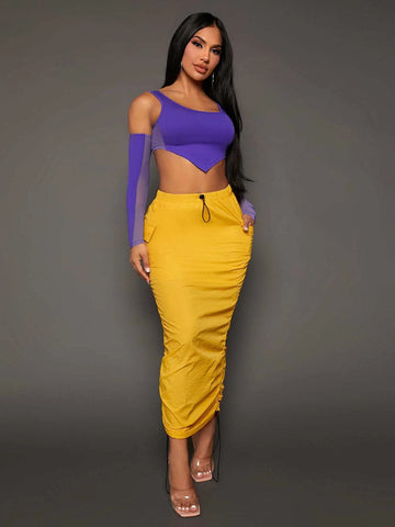 SXY Drawstring Waist Flap Pocket Ruched Pencil Skirt
