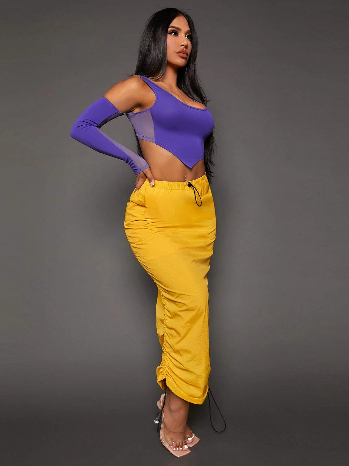 SXY Drawstring Waist Flap Pocket Ruched Pencil Skirt