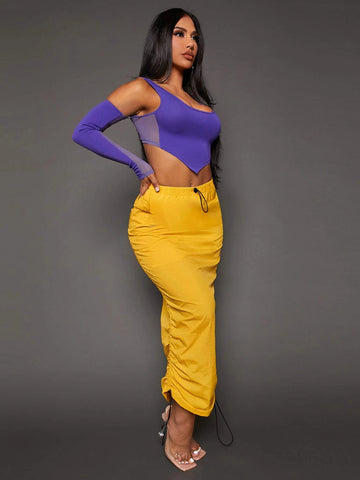 SXY Drawstring Waist Flap Pocket Ruched Pencil Skirt