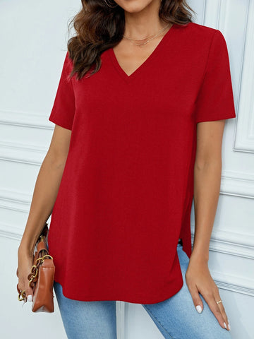 Tall Solid V Neck Split Hem Tee