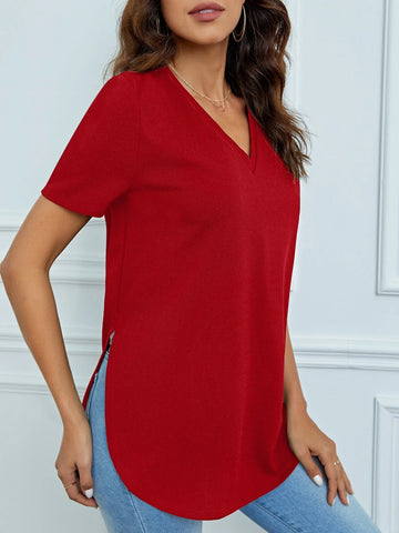 Tall Solid V Neck Split Hem Tee