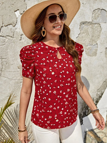 EMERY ROSE Ditsy Floral Print Keyhole Neckline Puff Sleeve Blouse