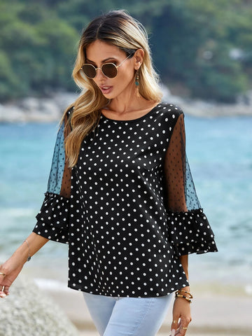 EMERY ROSE Polka Dot Print Contrast Mesh Flounce Sleeve Blouse