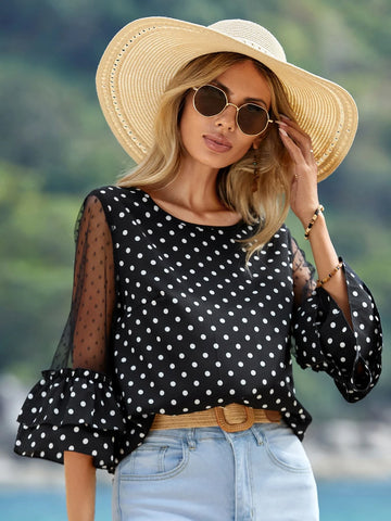 EMERY ROSE Polka Dot Print Contrast Mesh Flounce Sleeve Blouse
