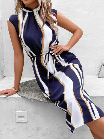 EMERY ROSE Colorblock Mock Neck Belted Dress
