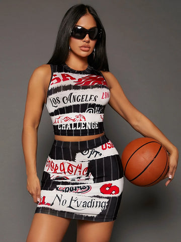 Letter Graphic Tank Top & Bodycon Skirt