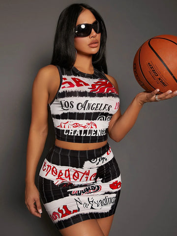 Letter Graphic Tank Top & Bodycon Skirt