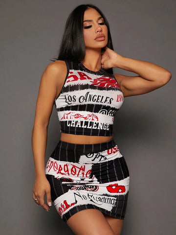 Letter Graphic Tank Top & Bodycon Skirt