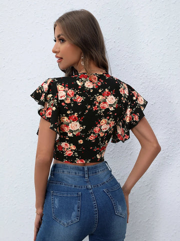 Unity Floral Print Butterfly Sleeve Crop Tee