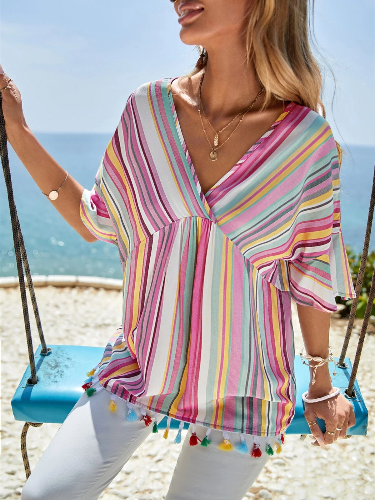 EMERY ROSE Striped Print Batwing Sleeve Tassel Trim Blouse