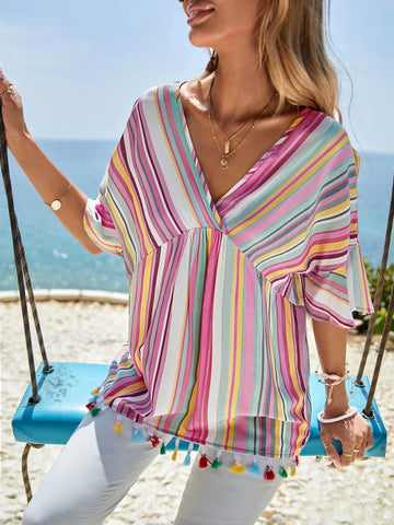 EMERY ROSE Striped Print Batwing Sleeve Tassel Trim Blouse