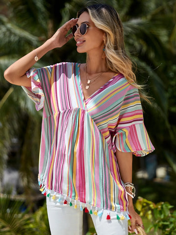 EMERY ROSE Striped Print Batwing Sleeve Tassel Trim Blouse