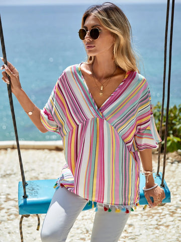 EMERY ROSE Striped Print Batwing Sleeve Tassel Trim Blouse