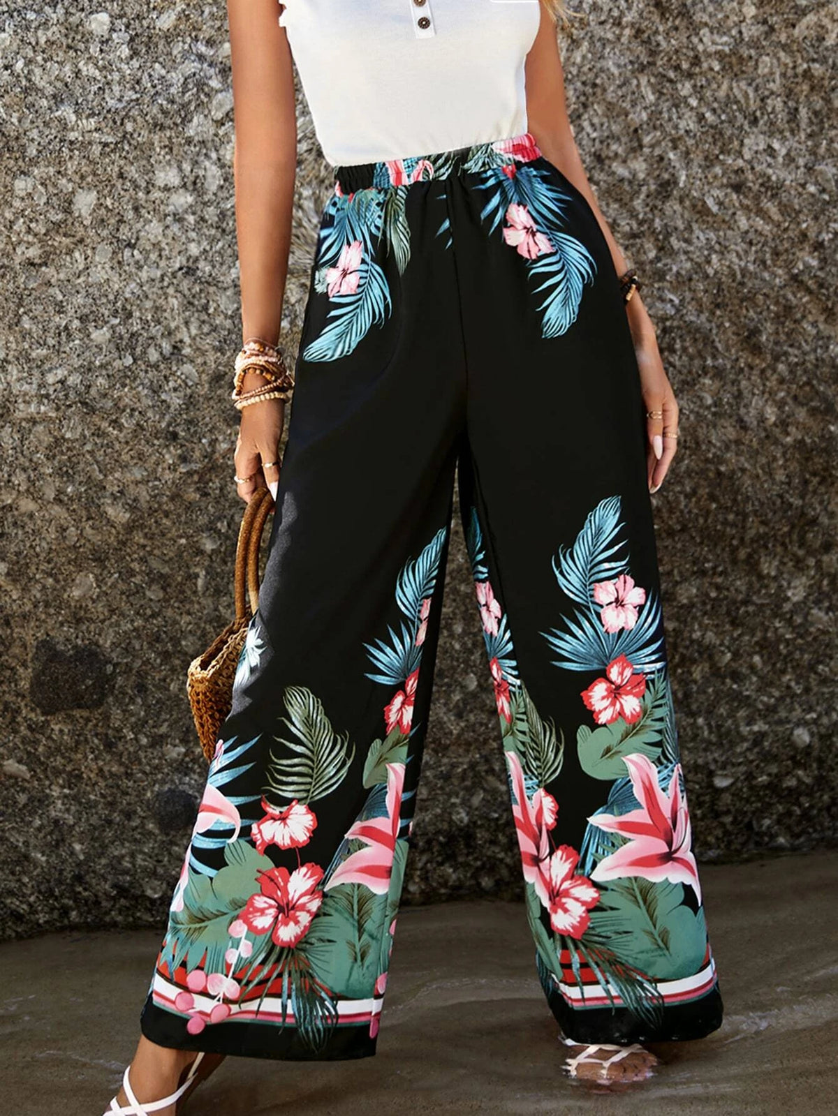 EMERY ROSE Tropical Print Wide Leg Pants