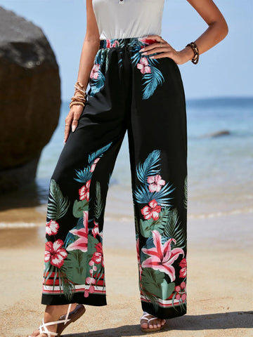 EMERY ROSE Tropical Print Wide Leg Pants