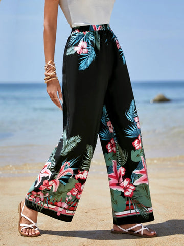 EMERY ROSE Tropical Print Wide Leg Pants