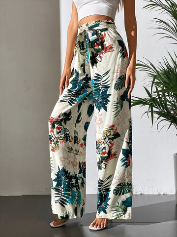 Tall Tropical Print Belted Wide Leg Pants