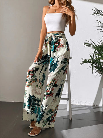 Tall Tropical Print Belted Wide Leg Pants