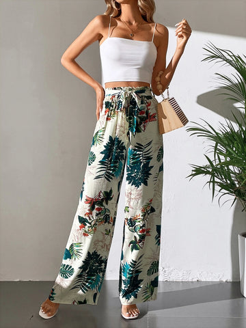 Tall Tropical Print Belted Wide Leg Pants