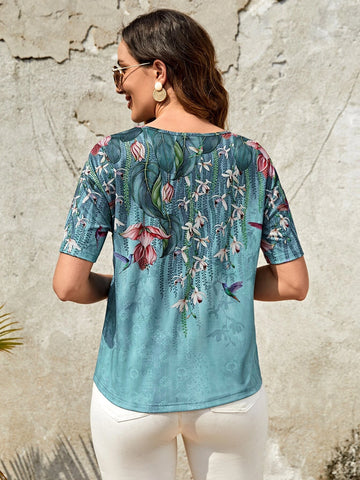 EMERY ROSE Floral Print V Neck Tee