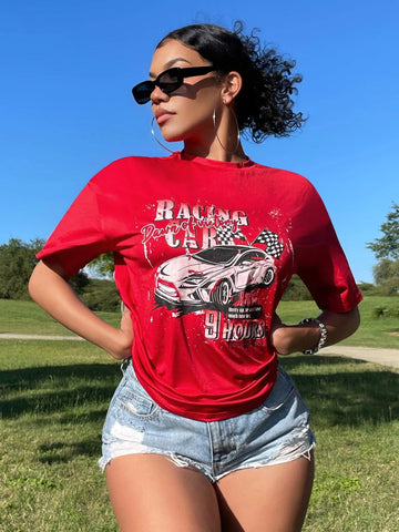 SXY Car & Letter Graphic Drop Shoulder Tee