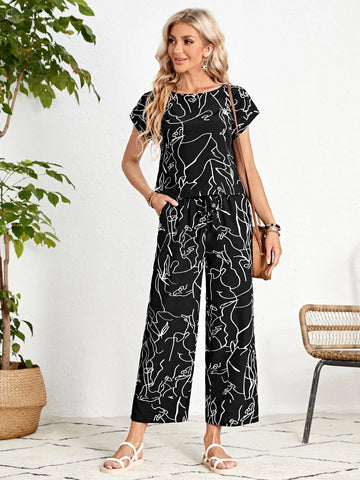 Graphic Print Batwing Sleeve Top & Wide Leg Pants