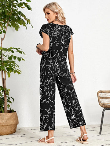 Graphic Print Batwing Sleeve Top & Wide Leg Pants