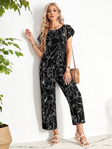 Graphic Print Batwing Sleeve Top & Wide Leg Pants