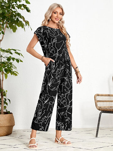 Graphic Print Batwing Sleeve Top & Wide Leg Pants