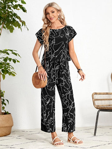 Graphic Print Batwing Sleeve Top & Wide Leg Pants
