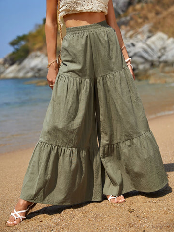 VCAY Solid Ruffle Hem Wide Leg Pants