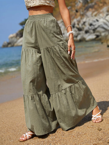 VCAY Solid Ruffle Hem Wide Leg Pants