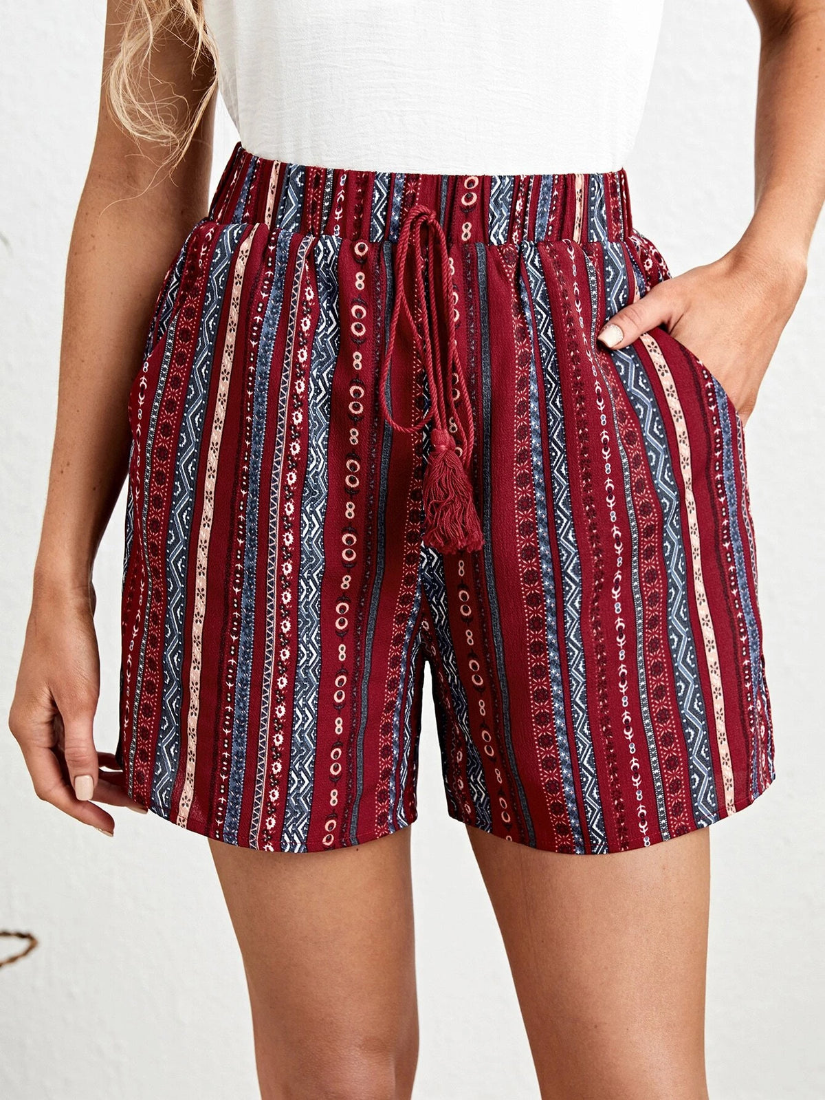 EMERY ROSE Geo Print Tassel Tie Waist Shorts