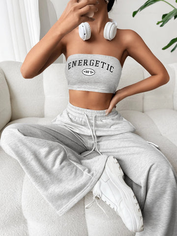 Letter Graphic Tube Top & Drawstring Waist Sweatpants