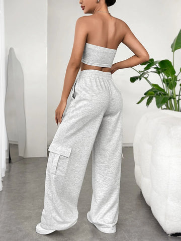 Letter Graphic Tube Top & Drawstring Waist Sweatpants