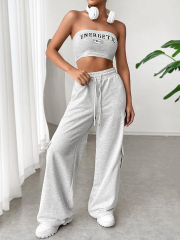 Letter Graphic Tube Top & Drawstring Waist Sweatpants