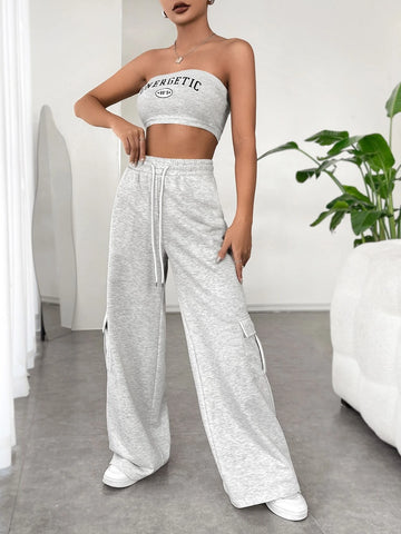 Letter Graphic Tube Top & Drawstring Waist Sweatpants