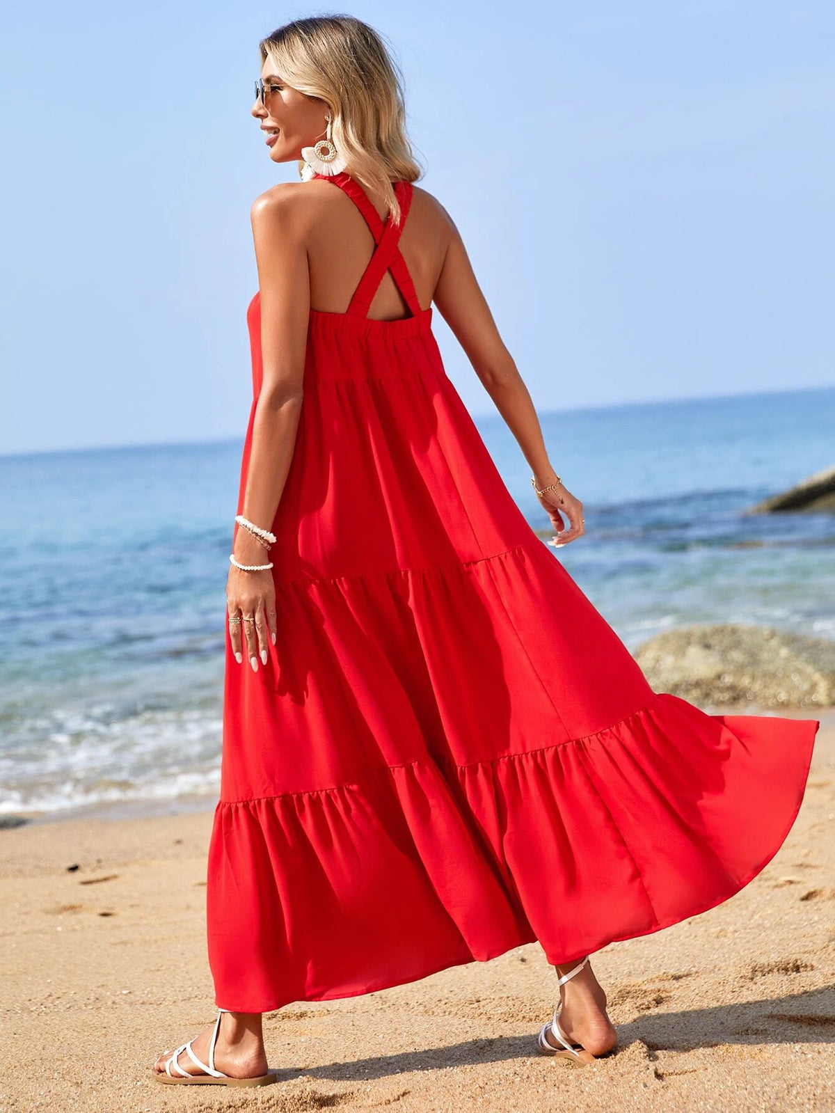 Solid Ruffle Hem Halter Dress