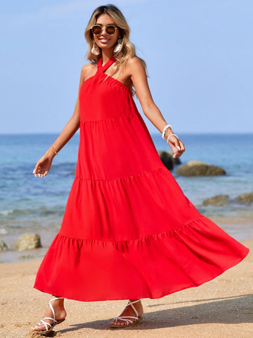 Solid Ruffle Hem Halter Dress
