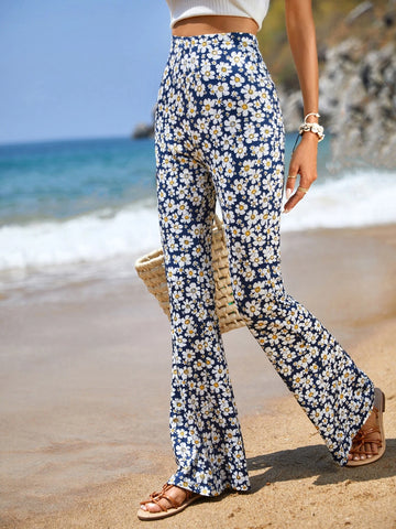 VCAY Allover Floral Print Flare Leg Pants