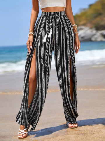 Geo Print Split Thigh Tassel Tie Front Wide Leg Pants