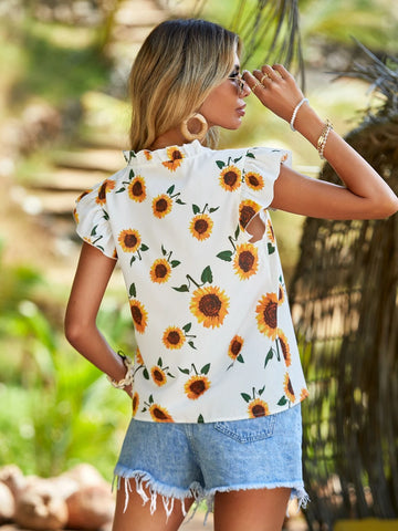VCAY Sunflower Print Ruffle Armhole Frill Trim Blouse