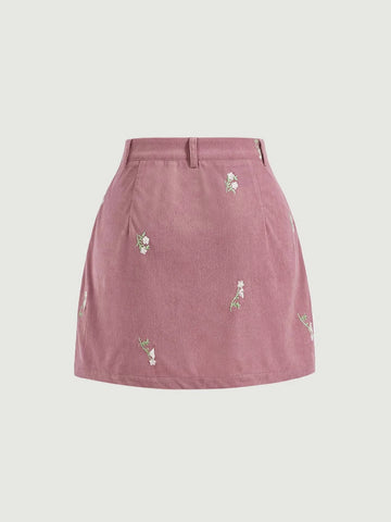 Floral Embroidery Corduroy Skirt