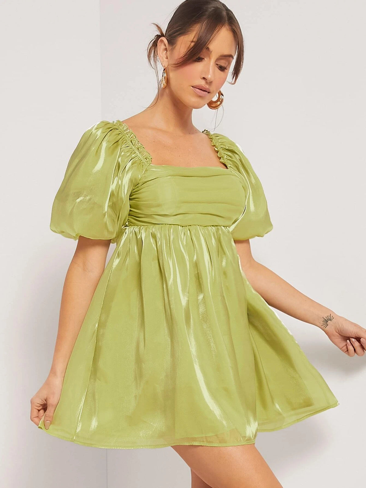 Square Neck Puff Sleeve Organza Smock Dress